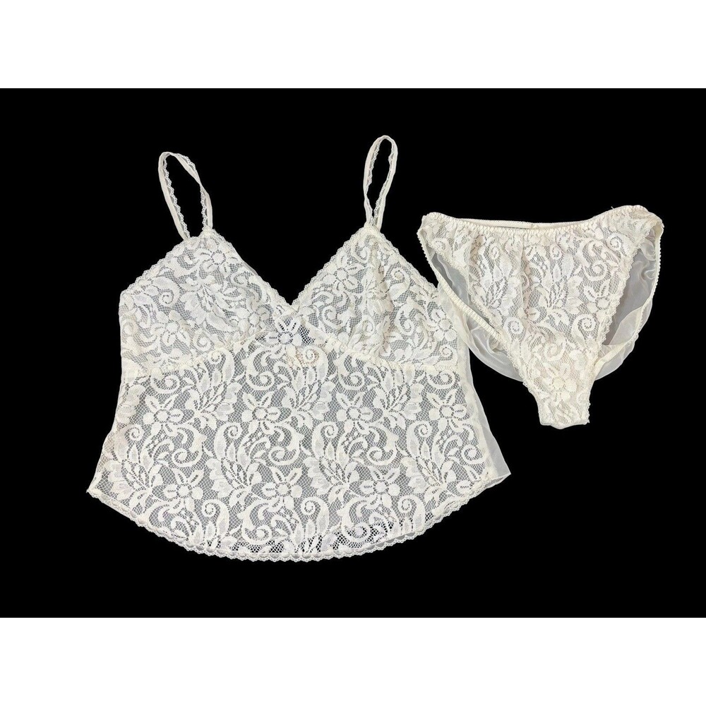VTG Gold Label Victoria’s Secret Ivory Lace Cami Pajama Set M Sheer Lingerie